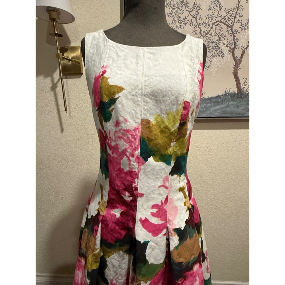 Jones New York Floral Jacquard Fit and Flare Dress Pink Green White Size 10 - Picture 2 of 7